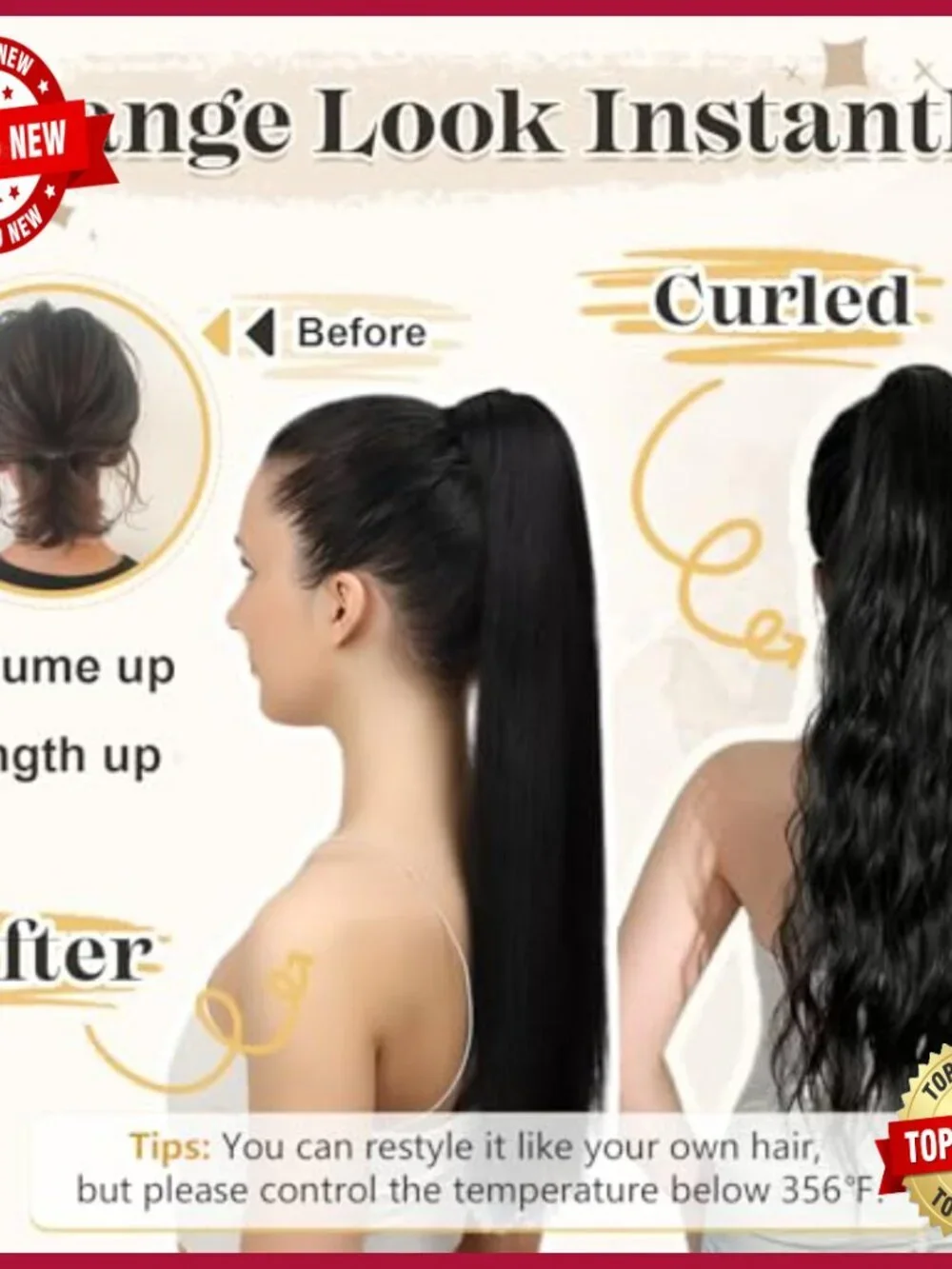 Human Hair Ponytail Extension with Claw Clip, 14-22 Inches, 105-120g